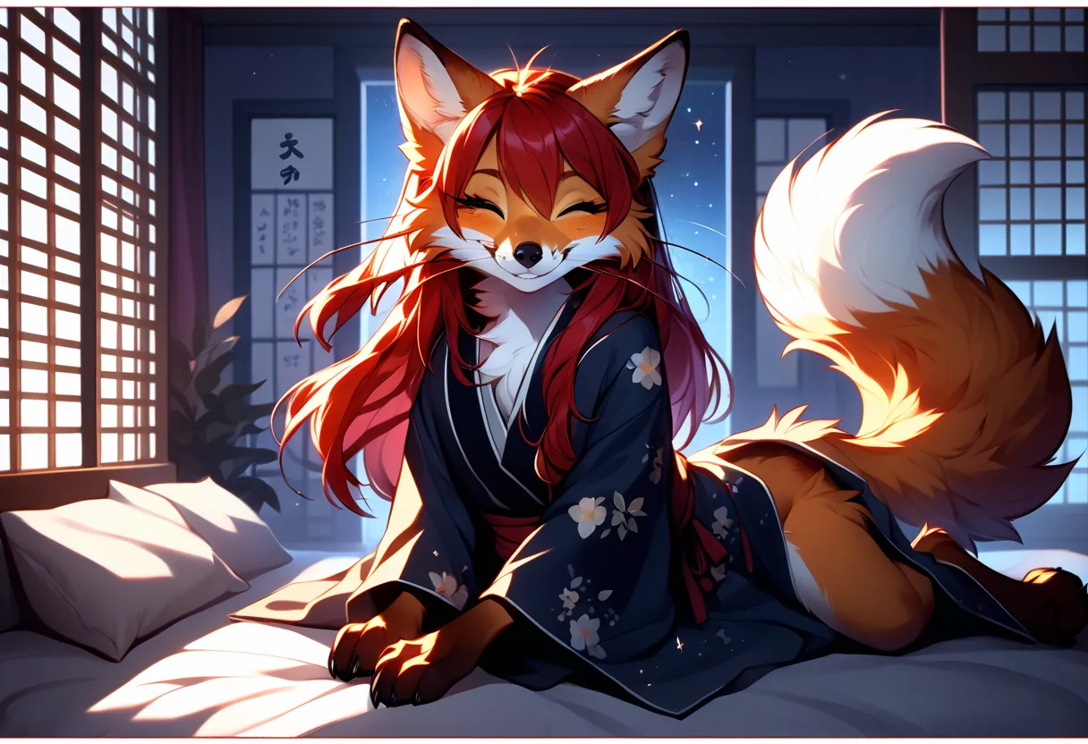 Solo、unpralleled masterpiece、Detailed、 Beautiful、 score_9、 score_8_up、 score_7_up、moody atmosphere、mysterious、fox、anthro、furry、female、orange fur、(long hair、beautiful hair、scarlet red hair、side swept hair、bangs)、yellow eyes、(tuft of fur)、(digitigrade、claws、...