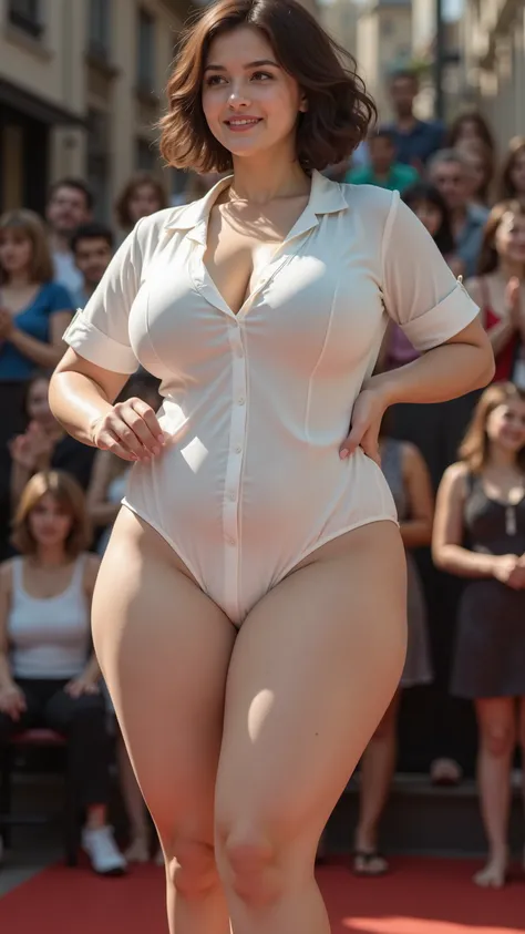 France in the 1970s, a woman(((Busty woman((Larger waist, Curved Plus Size Body ),very big boobs,sexy figure, golden ratio ,(Short, fluffy, slightly curly hair ))),Full body in the picture ,Wear white high neck loose and comfortable one-piece pajamas、Pyjam...