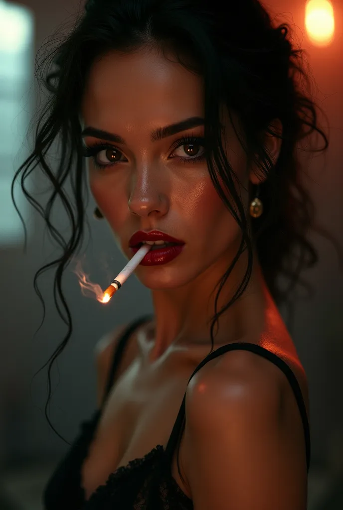 Megan FoX BLACK BRUNETTE LOVE SMOKES A CIGARETTE IN HER MOUTH