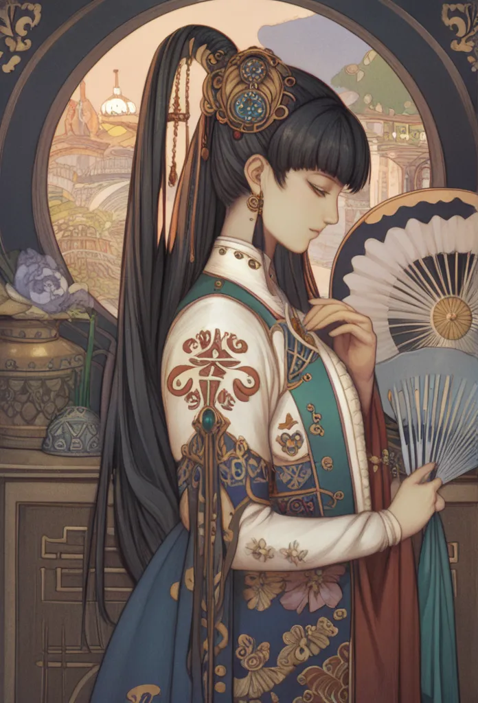 Picture of a Woman with Long Hair and a Fan, Korean Art Nouveau Animation, Beautiful and Exquisite Paintings, Jean J., beautiful character drawing, Complex and beautiful painting, Chen Yifei , julianne, , by Ni Zan, Inspired by Yun Fei Zhi,  inspired by Qi...