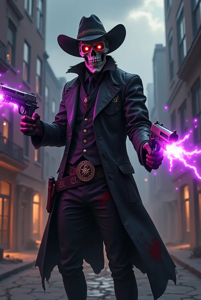 Create an animation of a character inspired by Colt, but with an evil and threatening version. He is a tall, skeletal man, with a fierce expression and bright red eyes, transmitting an implacable look. Your cowboy hat, normally clear, is now black and torn...