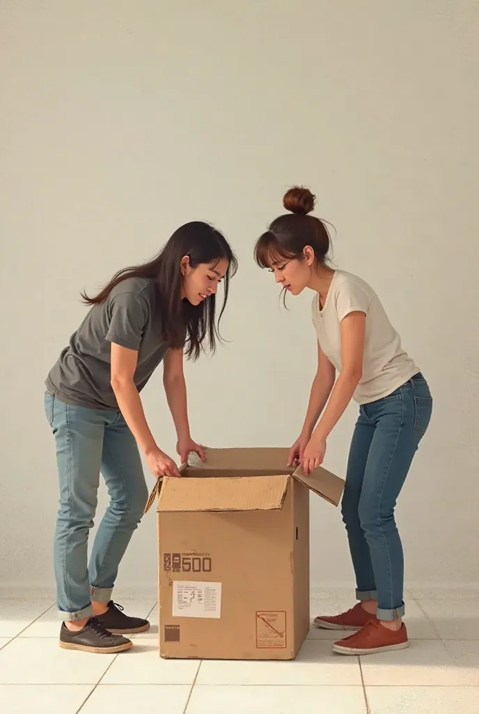 Asian and European man and woman opening a shipping box