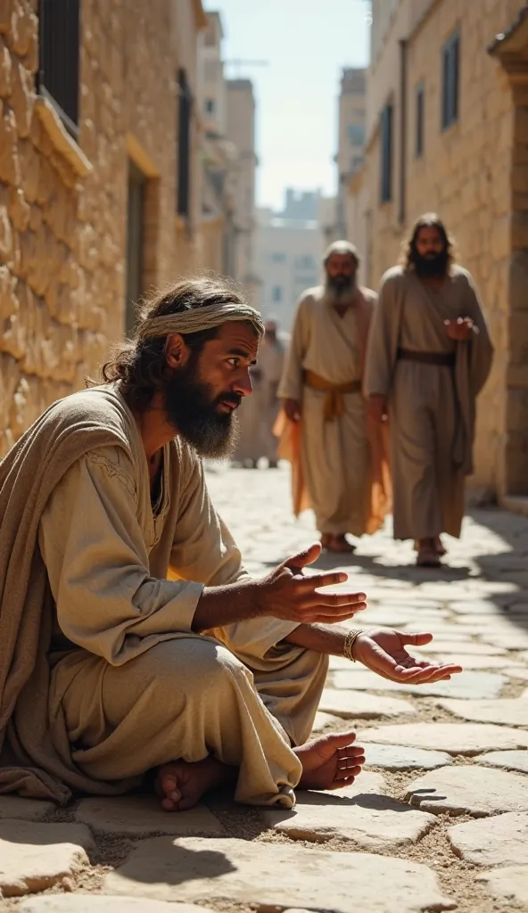 On a stone street in Jerusalem, a man blind from birth is sitting on the ground,  wearing simple and shabby clothes . He has a sad expression as he extends his hands asking for alms. In the background, Jesus and his disciples walk towards him. The disciple...