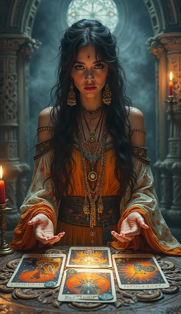 Beautiful gipsy woman sorcerer showing different tarot cards behind tarot table 