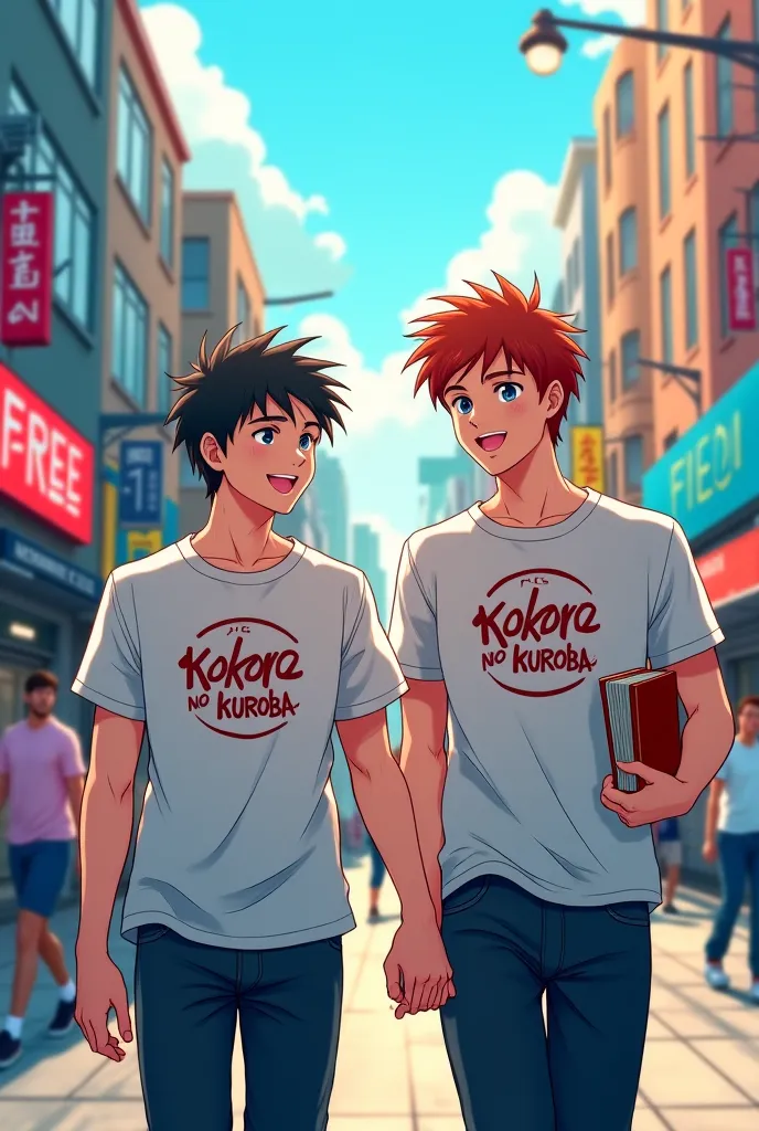 

"Create an anime-style illustration of two energetic and enthusiastic male friends walking down a bustling city street. One friend is slightly taller than the other. The taller friend is holding a pen, while the shorter friend is holding a book. Both fri...