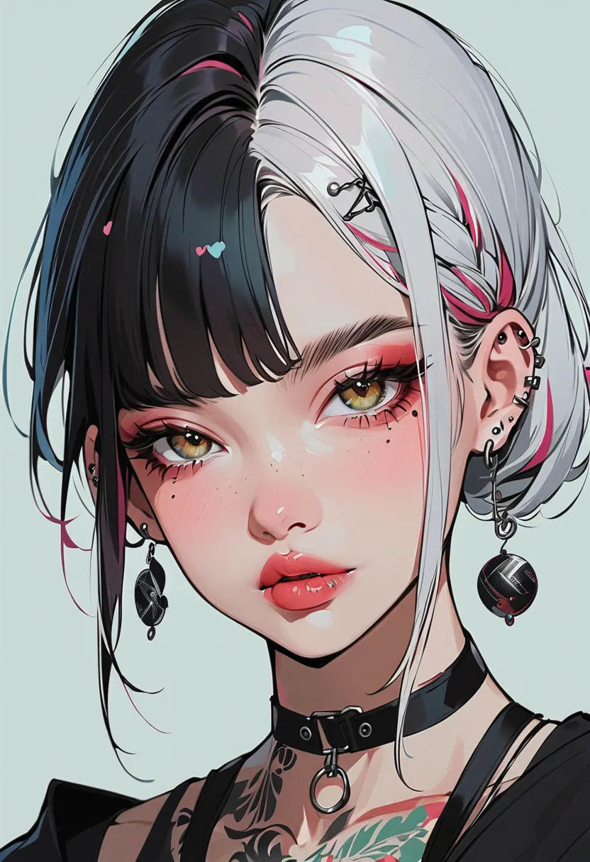 1girl, piercing, lip_piercing, solo, tattoo, black_hair, neck_tattoo, multicolored_hair, looking_at_viewer, portrait, nose_piercing, two-tone_hair, mole, white_hair, split-color_hair, ear_piercing
