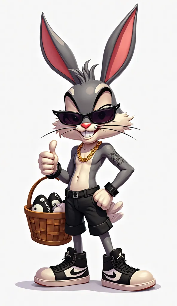 A modern urban-style cartoon character similar to Bugs Bunny, wearing Juliet X-Metal Dark Ruby Sunglasses, a gold chain necklace, and a stylish arm tattoo. He is dressed in black Pyrex shorts and black and white Nike Jordan Mid 1 sneakers. He is holding a ...