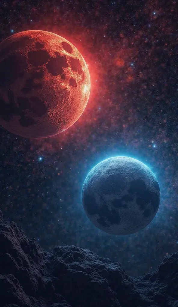 "Two massive moons hanging in an alien sky, one glowing in fiery crimson red, the other in neon blue. The high-contrast cosmic background features a deep black sky filled with countless stars and swirling nebulae. The lunar surfaces are hyper-detailed, sho...