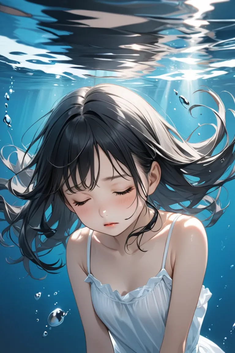 Ultra-realism
junior girl
lost consciousness
closed eyes
face look up
floating
underwater
black hair
white camisole
small chest
knees
Forward bend