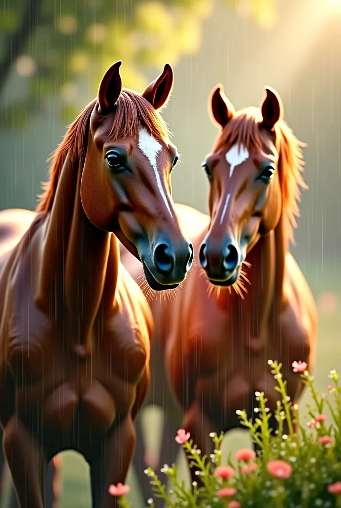 Horses showering white and in brunette expression
