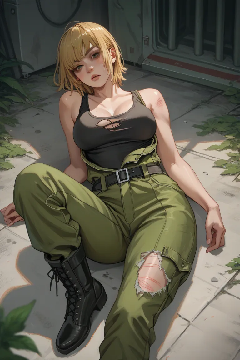 1 girl, confident look, voluptuous, lying on floor, bruises on body, short blonde hair with bangs, moss green military jumpsuit torn, military tag, black tank top, black leather boots