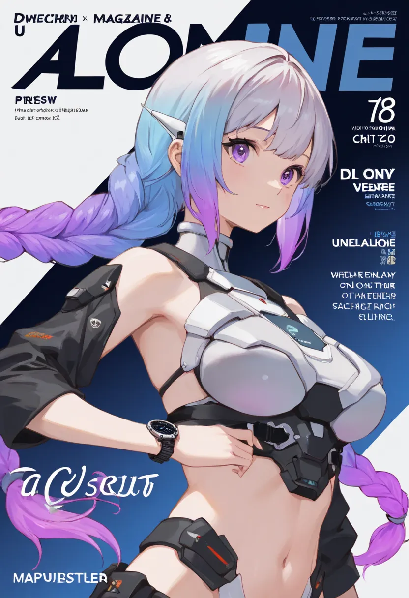 1 girl， alone，Double braid,Gradient hair ,, Chest， watch viewers，，大Chest，，science fiction，United，United，  magazine cover

