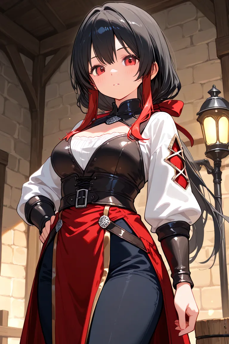 A  girl with black hair with red locks, Red Eyes and Medieval Clothing 