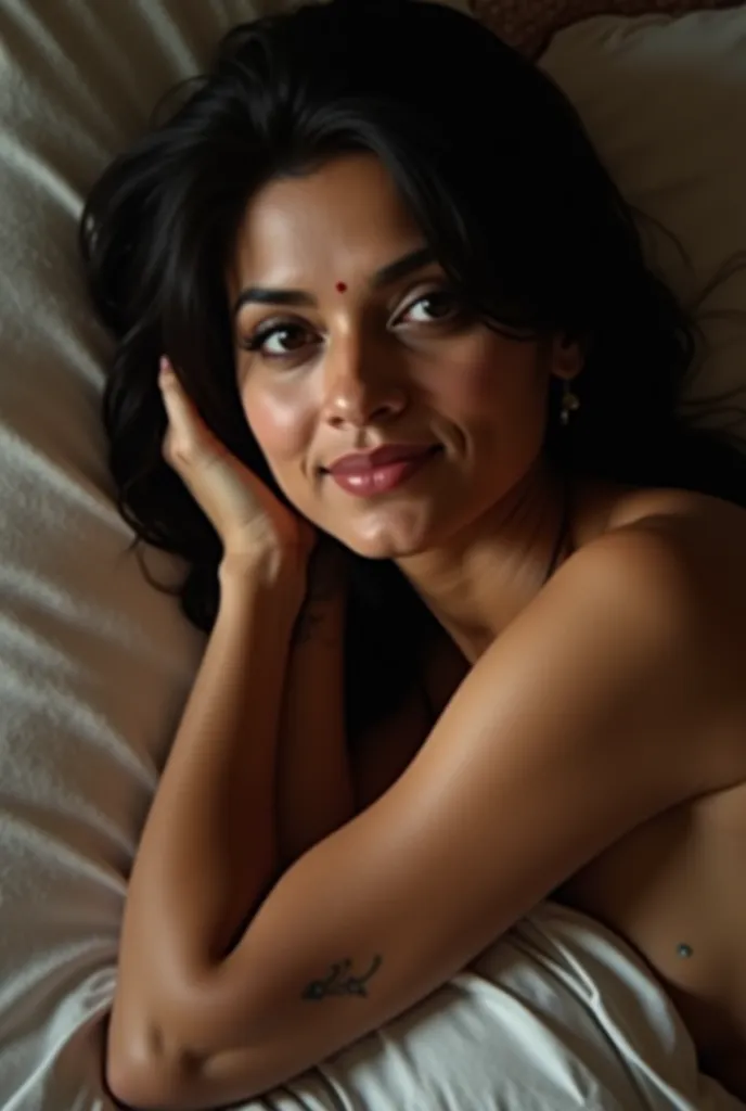 A photo of a mature Indian woman resting naked in bed, toned body, aged 40, (face portrait:1.5), full body shot, top quality editorial photograph, skin texture, skin pores, fair milky skin, high quality skin, top quality photography, professional photograp...