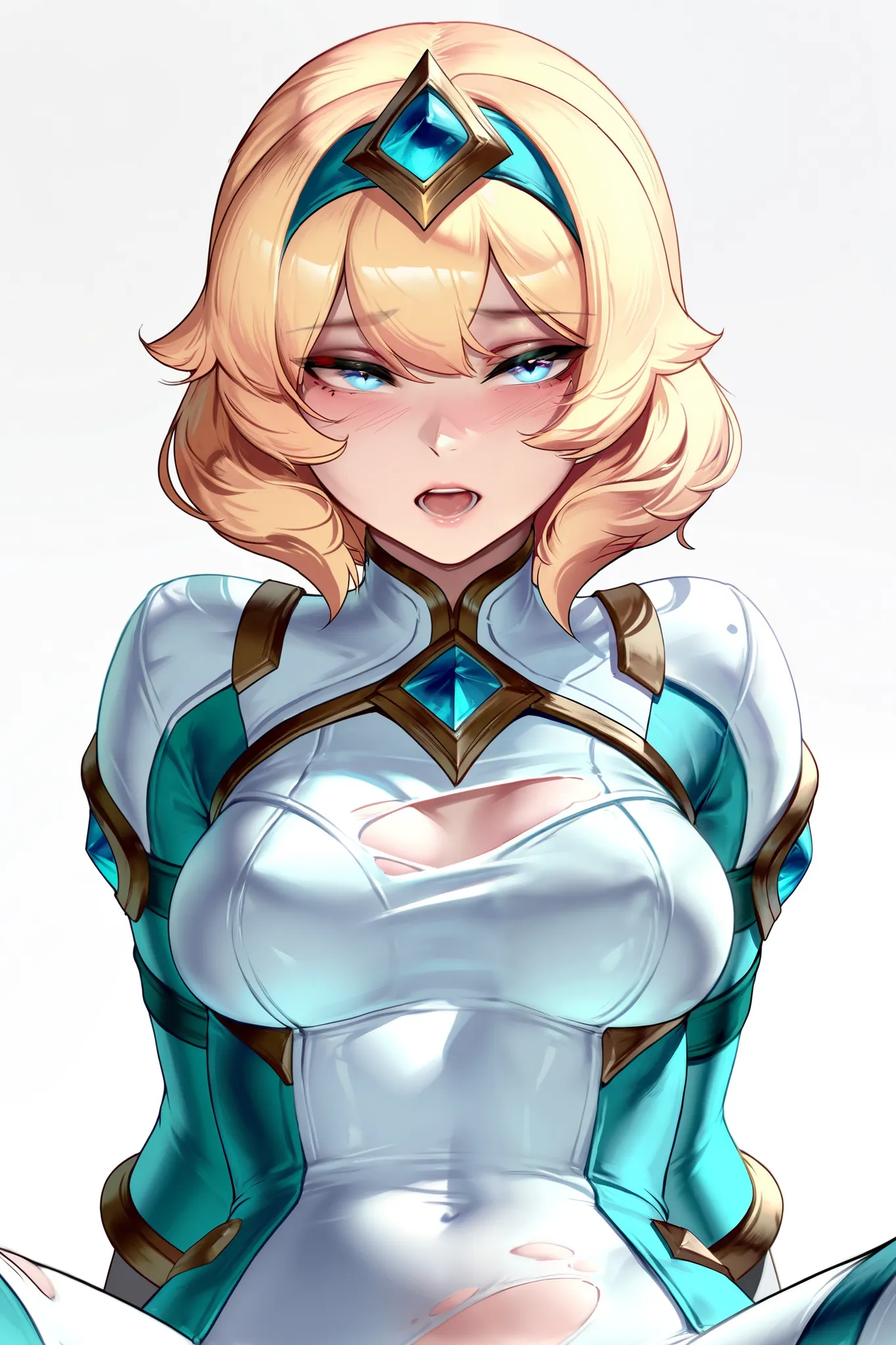 masterpiece, official art, 1girl, solo, blonde hair, medium hair, headband, blue eyes, pale skin, closeup, lixanna crownguard, league of legends, medium breasts, simple background, full body bodysuit, torn clothes, looking at viewer, upper body, seductive,...