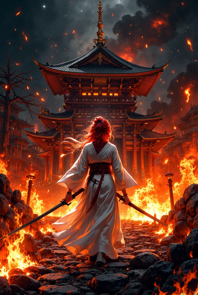 The background is a temple in the Japan that is in flames.、midnight、red hairs、Woman in white kimono holding Japan sword、Women are also burning