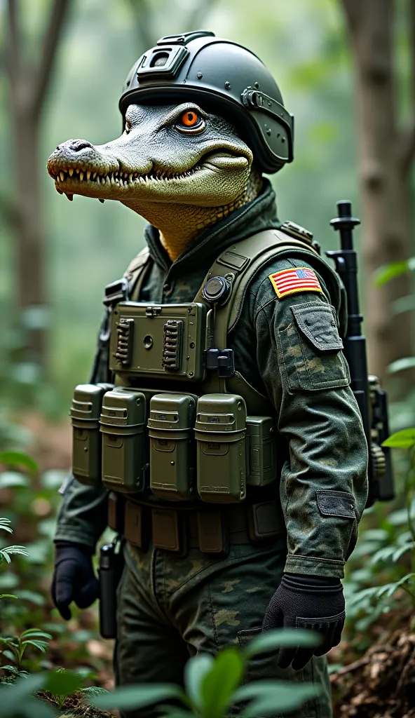 
"A crocodile, in full military uniform, stands upright on the battlefield. Camouflage uniform, has military helmets and tactical equipment. Crocodile's eyes are sharp and serious, teeth are revealed in a certain way. Dense forest and green in the backgrou...