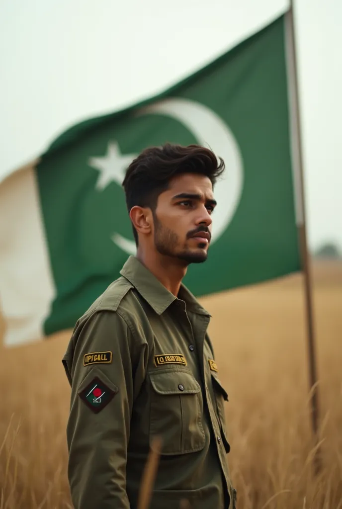 A brave Pakistani military young man stands in the open field, with a Pakistani flag waving behind him. He raises his head, determination glimpses in his eyes, and he does 'Ooooooo' in a loud and resonant voice. The camera slowly approaches his face, then ...