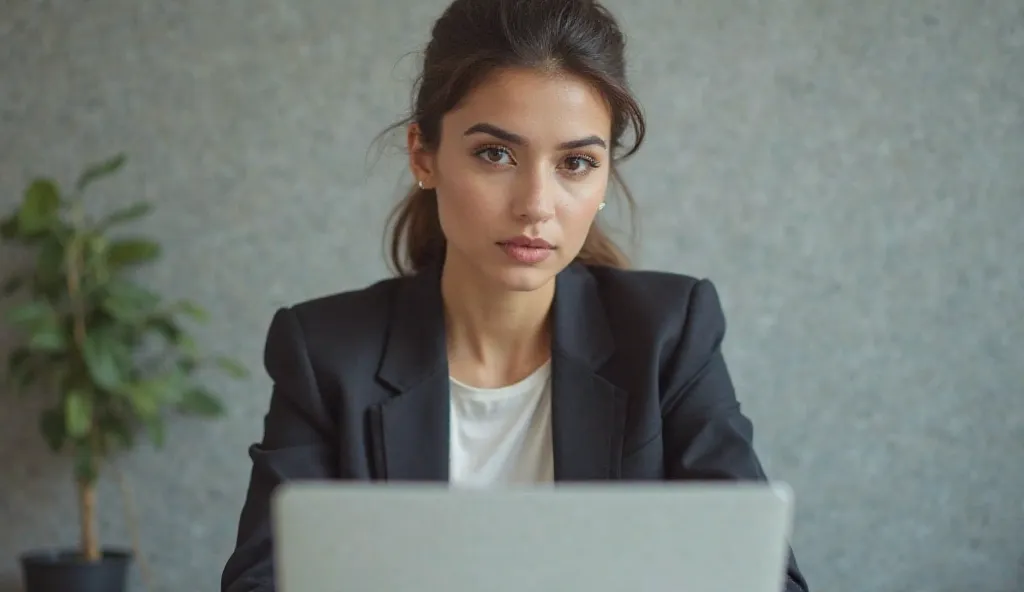 
"A professional Pakistani beautiful woman with brown hair, wearing a dark blazer over a white top, sits upright in front of a silver laptop. She is looking straight ahead with a confident. The laptop is positioned at chest level directly in front of her. ...