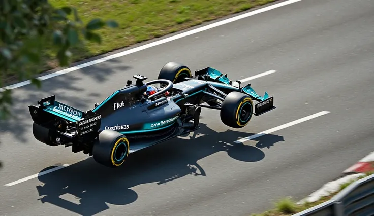 "A high-speed Formula 1 car, resembling a Mercedes-AMG Petronas F1 car, is airborne after hitting a crest on a racetrack. The car is painted in black and turquoise with sponsor logos, and the driver is visible inside the cockpit wearing a helmet. The scene...