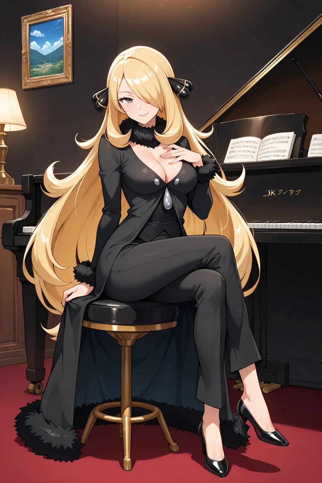 1 girl, solo, female only,
	Cynthia,pokemon,
long hair, blonde hair,
hair ornament, 
grey eyes,
slim, medium breasts, tall,

Cynthia outfit, pokemon outfit, 
black fur collar, 
black coat, long sleeves, fur trimed sleeves,  
black pants, 
black heels, 

li...