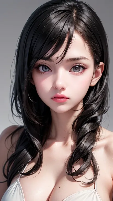 Cold girl,1girl,solo,realistic,black hair,short hair,looking at viewer,arms at sides,brown eyes,OceanHeart,upper body,collarbone,grey background,bare shoulders,simple background,small breasts,(closed mouth:1.3),breast slip,, best quality , masterpiece, ill...