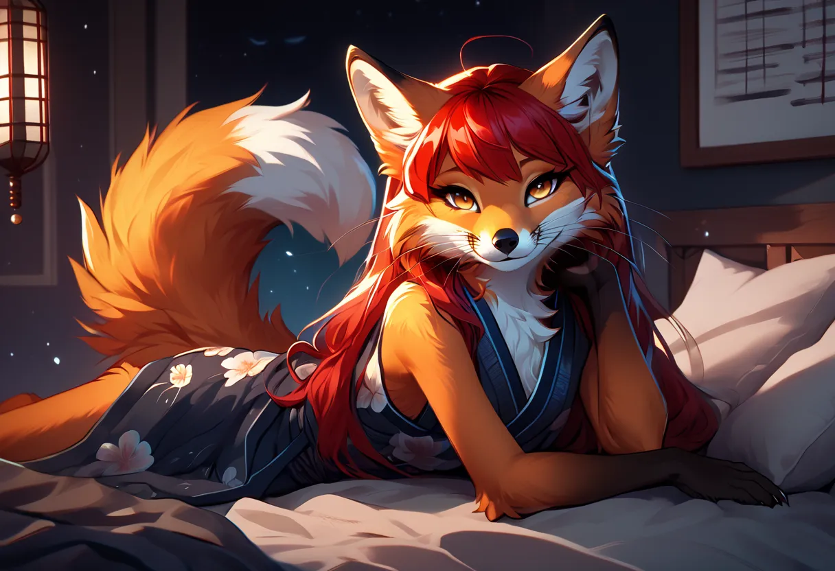 Solo、unpralleled masterpiece、Detailed、 Beautiful、 score_9、 score_8_up、 score_7_up、moody atmosphere、mysterious、fox、anthro、furry、female、orange fur、(long hair、beautiful hair、scarlet red hair、side swept hair、bangs)、yellow eyes、(tuft of fur)、(digitigrade、claws、...