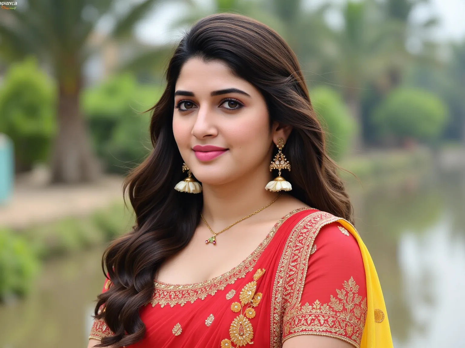 South Indian woman, full-figured, dressed in traditional attire such as a colorful saree with a beautiful matching blouse. She should have dark hair adorned with jasmine flowers and medium-sized earrings. She is standing confidently, radiating charm and po...