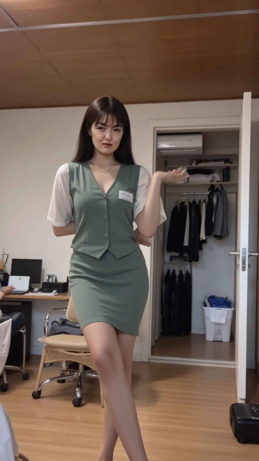 beautiful Japanese woman, 1 woman、Age 35, (I'm wearing blue-green office clothes, a blue-green pencil skirt, and a white short-sleeved blouse:1.5)、It's teamed up behind the back、（full body shot from top of head to toe:1.5）、perfect anatomy, shiny coffee col...