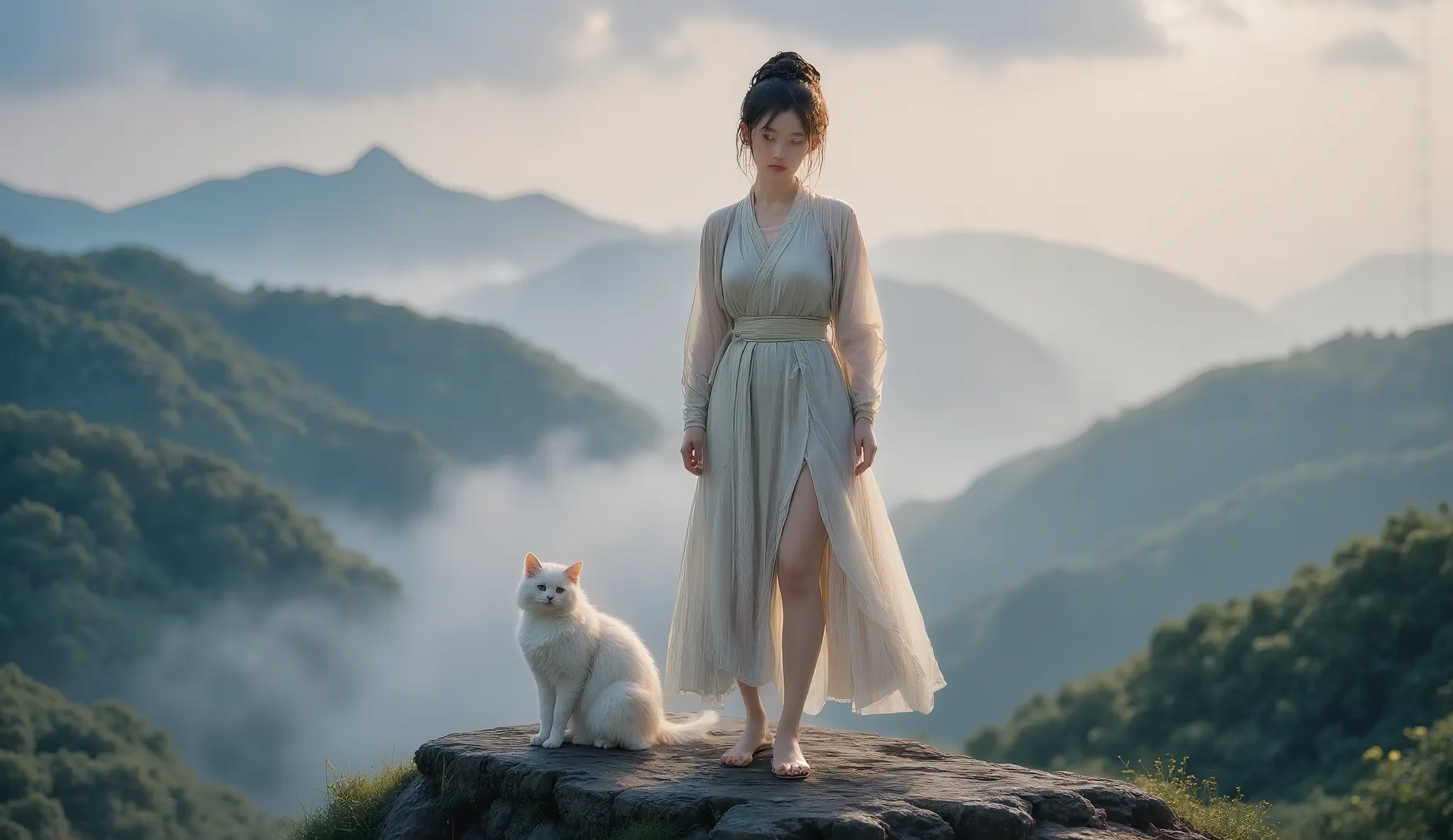 A semi-realistic illustration of a young woman standing alone on a misty mountaintop just before dawn. She wears a modernized Hanfu-inspired outfit, slightly worn and dusted with dirt, showing the hardship of her journey. Her hair is slightly messy, strand...