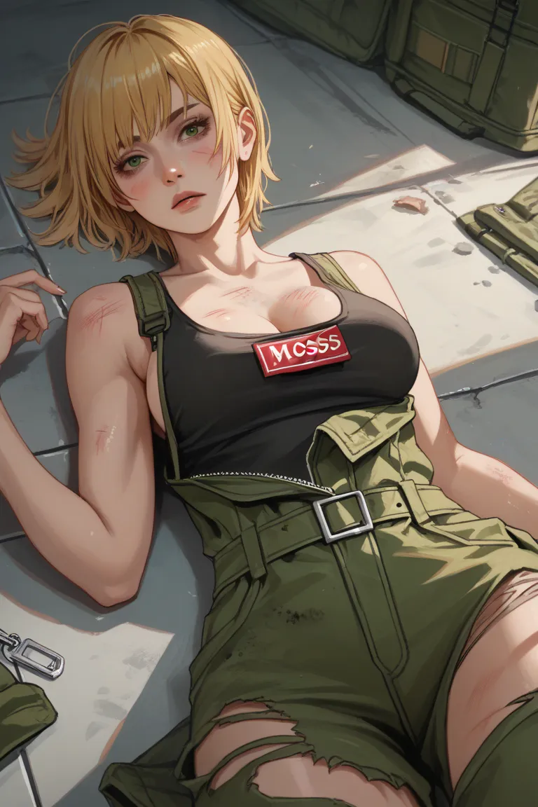 1 girl, confident look, voluptuous, lying on floor, bruises on body, short blonde hair with bangs, moss green military jumpsuit torn, military tag, black tank top