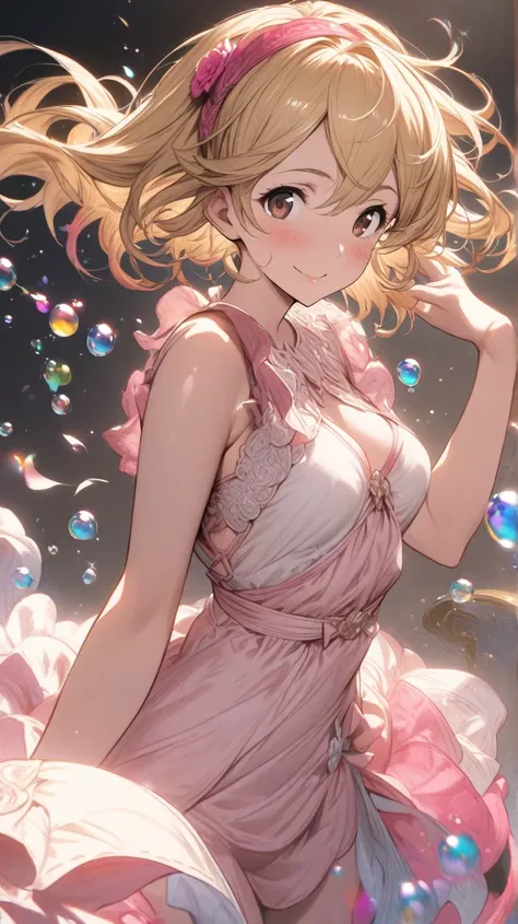 djeeta  (granblue fantasy), 1girl ,blonde hair,brown eyes ,pink hairband ,pink dress,short hair、 (masterpiece), (best quality), (Super Detail),(Dish-shaped hair),(illustration for both eyes), (hidden hair), (Fashionable clothing), standing, FASHION MODEL, ...