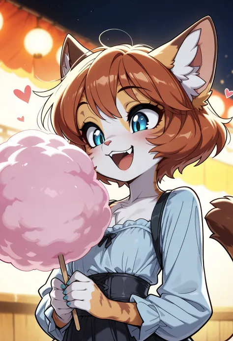 1 Beautiful Girl , cute fur , Furry, Cat face, Cat girl, gnaw cotton candy like a cloud, (Alluring, smile, Very satisfied, open your mouth, tooth, Cat's paw, nail), anime style, ( small ), petite body, very cute, (bust shot, raise your hands and , F...