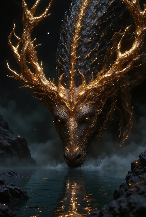 A beautiful Mystic deer with beautiful big horns, beautiful fur, massive build, beautifully drinks water from the starry sky,  Very Beautiful ,((  Masterpiece , 8 k, best quality)), complex details, The maximum number of details, high quality, fantasy styl...