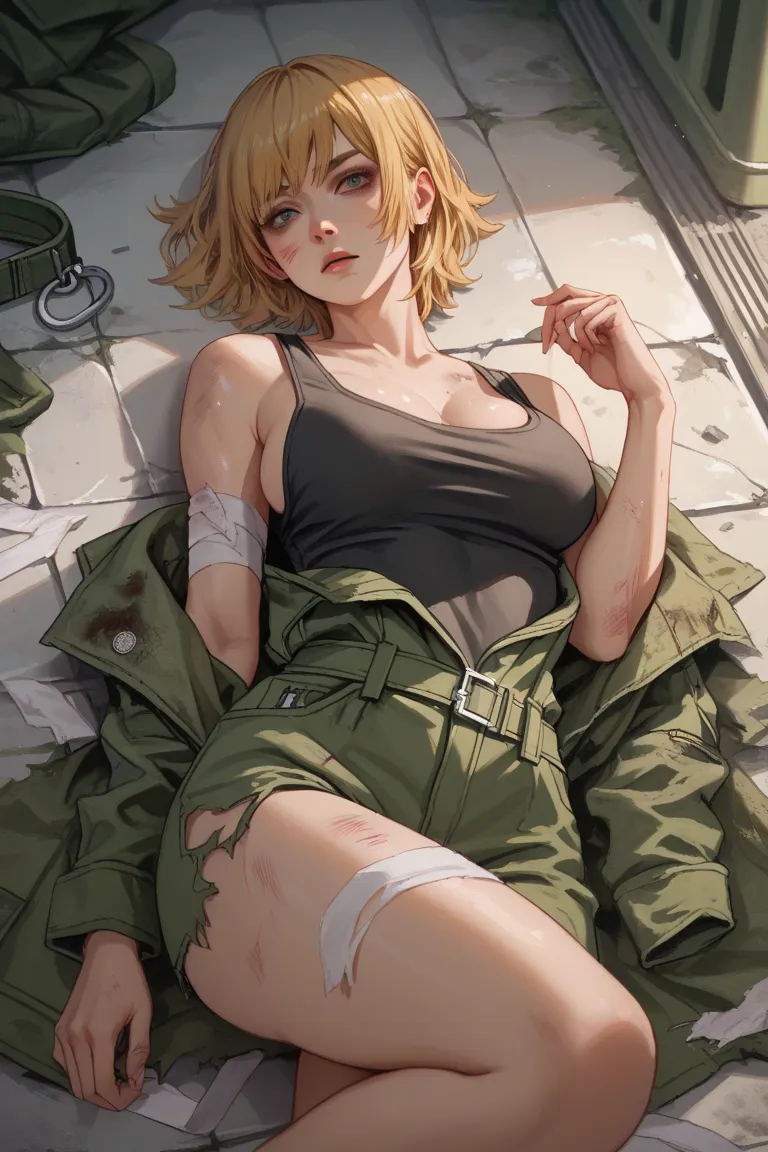 1 girl, confident look, voluptuous, lying on floor, bruises on body, short blonde hair with bangs, moss green military jumpsuit torn, military tag, black tank top, bandages