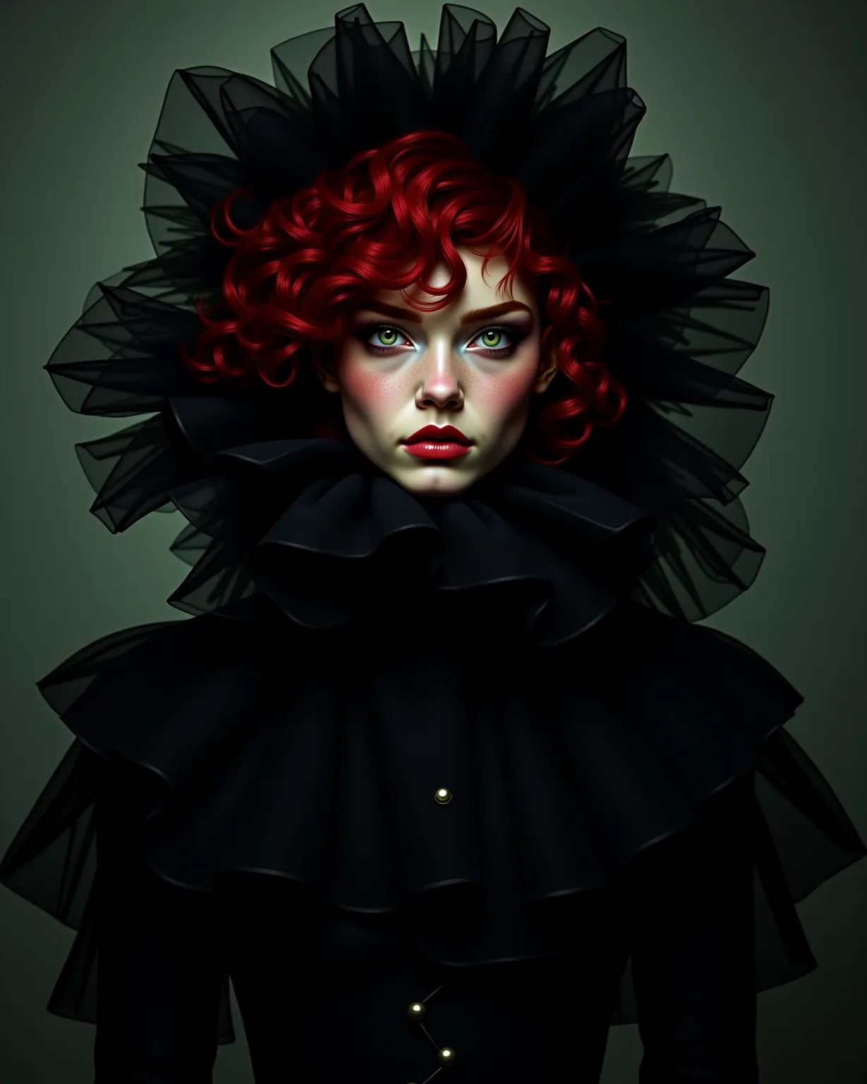 young woman. Small, skinny , pretty, red curls,  light green eyes, bony, very slim and young . dressed in black, Great, Tulle , Gothic,  Lots of details 