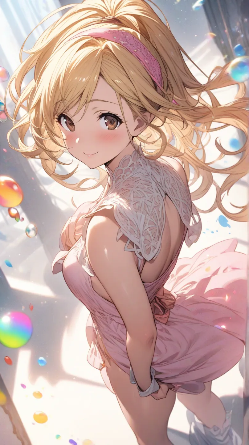 djeeta  (granblue fantasy), 1girl ,blonde hair,brown eyes ,pink hairband ,pink dress,short hair、 (masterpiece), (best quality), (Super Detail),(Dish-shaped hair),(illustration for both eyes), (hidden hair), (Fashionable clothing), standing, FASHION MODEL, ...