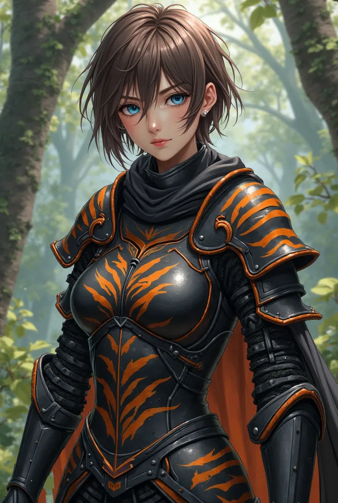 Anime Girl The female knight has short, tousled brown hair that falls messily around her face, with strands often slipping into her piercing blue eyes. Her armor is deep black, sleek and form-fitting, with vibrant orange tiger-like patterns etched across t...