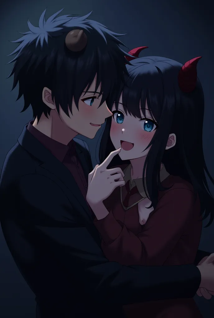 Anime couple, dark, male, female black hair blue eyes, his hand around her throat, Smile, Blush, Horns, nsfw1K_resolution, physically-based rendering, vivid colors, dramatic_lighting, dark_atmosphere, gothic_horror