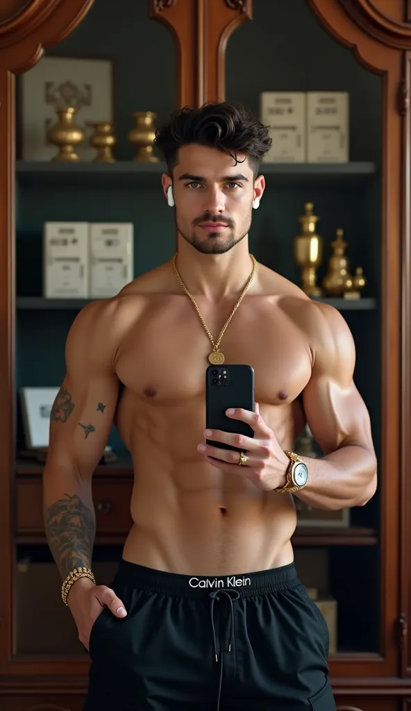 The image shows an athletic-looking young man taking a hold of a book in front of a large and ornate. he has a defined physique, with well-crafted arms and abdomen, and light and smooth skin. Your hair is short, wavy and dark, well-groomed.  His face has s...