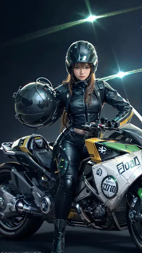 Highest Image Quality,  Excellent details , Ultra High Resolution, (realistic: 1.4), Best Illustration, Details of grace,  highly concentrated 1 girl , Exquisite and beautiful face,  wearing black and green mechanics ,  wearing a helmet ,  holding steering...