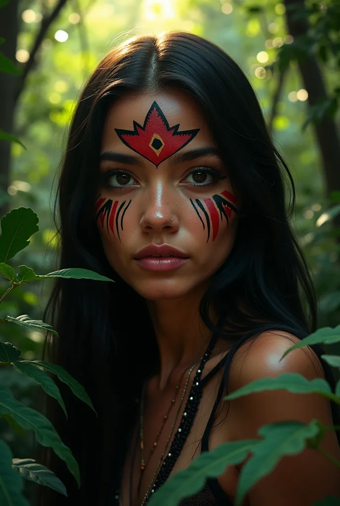 Straight-haired Brazilian Indian woman with black and red paints on her face and in a forest