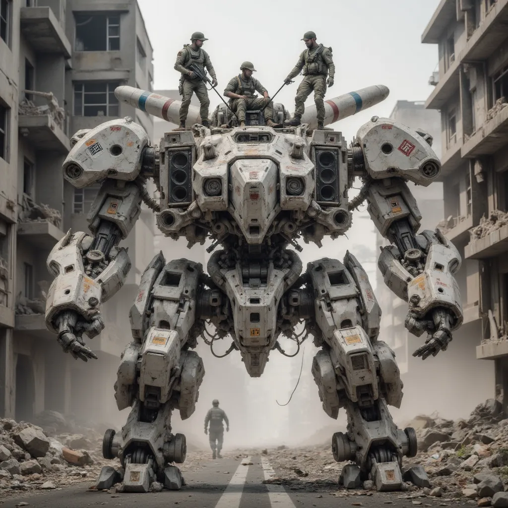 A massive, heavily-armored white and gray urban camouflage military mech designed for urban warfare, standing in a war-torn city environment. The mech has no head and no arms, instead featuring large missile pods mounted where its arms would normally be. I...