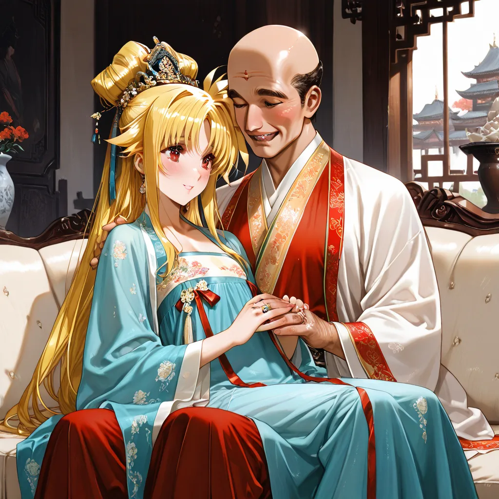 ((top quality)), ((masterpiece)), (details), （perfect faces）、Fate Testarossa, an adult blonde with outstanding proportions, is a married couple wearing the gorgeous ancient Chinese empress's Hanfu, smiling gently, sitting on a luxurious sofa in one room of...