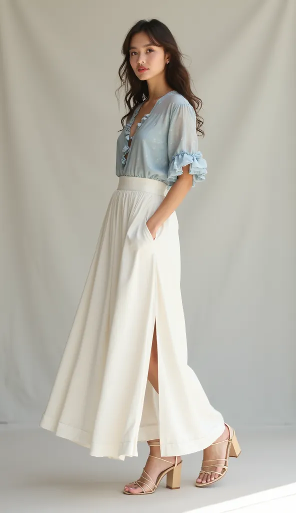 CREATE A MODEL WEARING A LONG WHITE SKIRT WITH HEELED SANDALS AND LIGHT BLUE BLOUSE