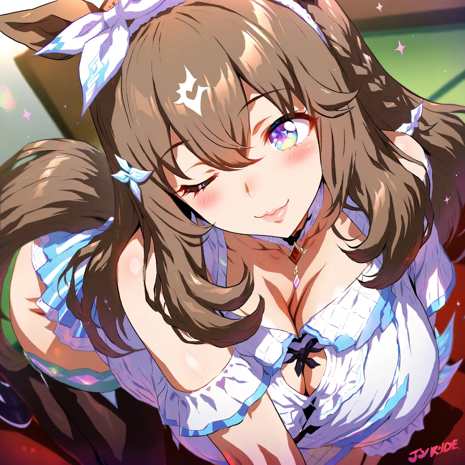 [[One person, almond eye \(umamusume\), umamusume]], artist:joy ride,Beautiful attention to detail, Close one eye, ((indoor, living room),  Curvy, thin, Normal chest, (Thigh-high socks), (Cleavage) , (Seductive pose), (belly button), (Close-up shot), Dynam...