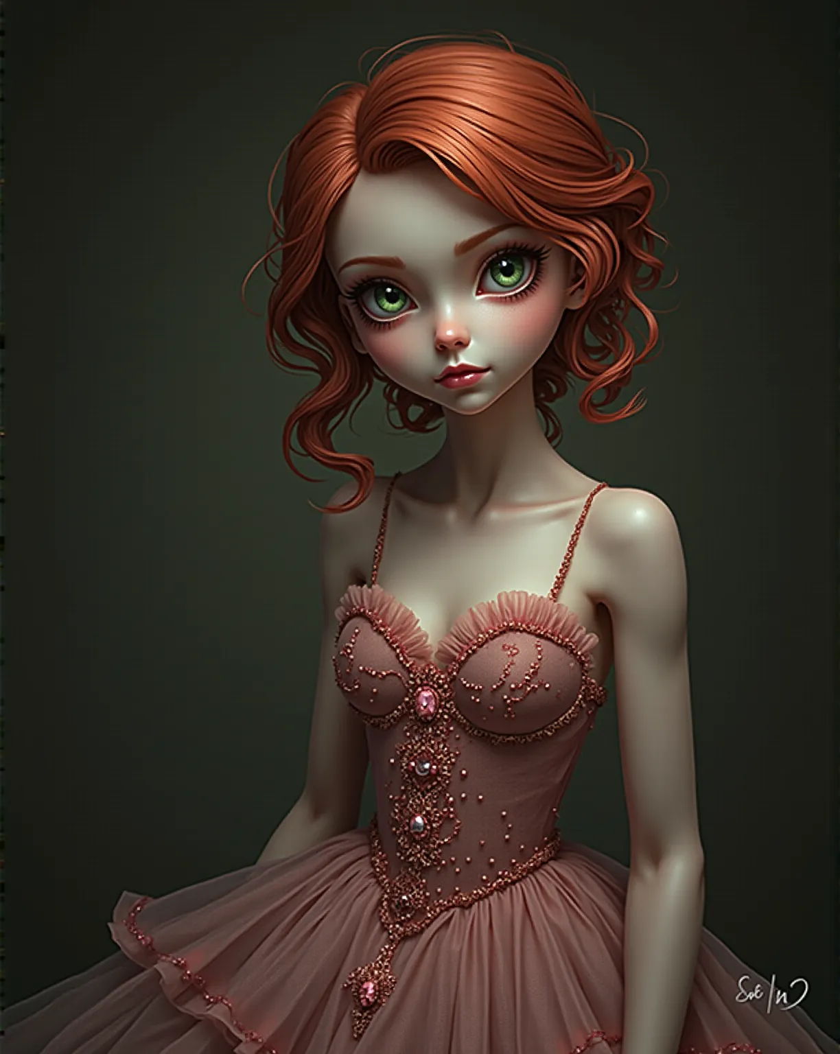 Person. young woman. Small, skinny , pretty, red curls,  light green eyes, bony, very slim and young . Dressed in dusky pink, Great, Tulle , Gothic,  Lots of details 