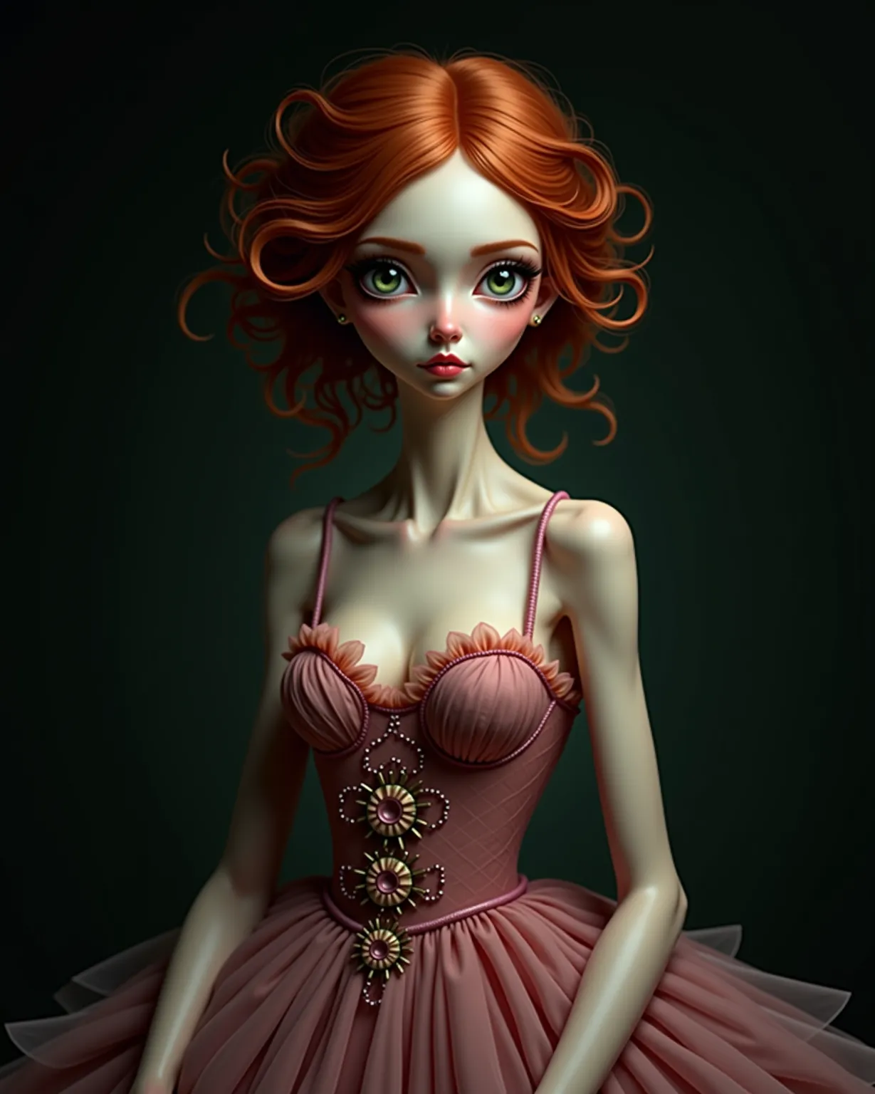 Person. young woman. Small, skinny , pretty, red curls,  light green eyes, bony, very slim and young . Dressed in dusky pink, Great, Tulle , Gothic,  Lots of details 