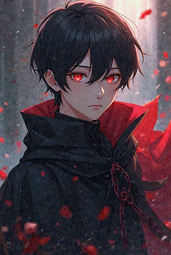  The main character of the anime ,  young man, with medium length black hair up to the neck, Red eyes, in a cape