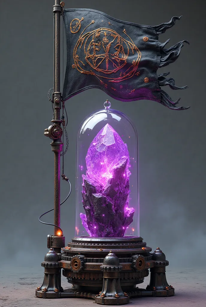 "A small, post-apocalyptic futuristic objective device shaped like a flag. The flag is made of flexible, dark metallic fabric, adorned with glowing runes and symbols in deep violet, black, and gold. Behind the flag, a large, fissible crystal in violet, bla...